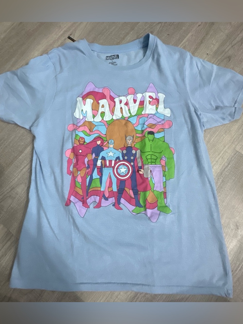 Marvel Light Blue Tee with Retro Avengers Graphic